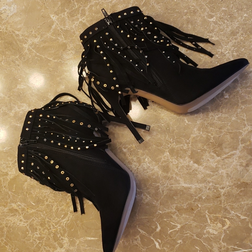 Express black micro suede cowhide fringed w gold-embellished ankle booti… - Picture 7 of 16